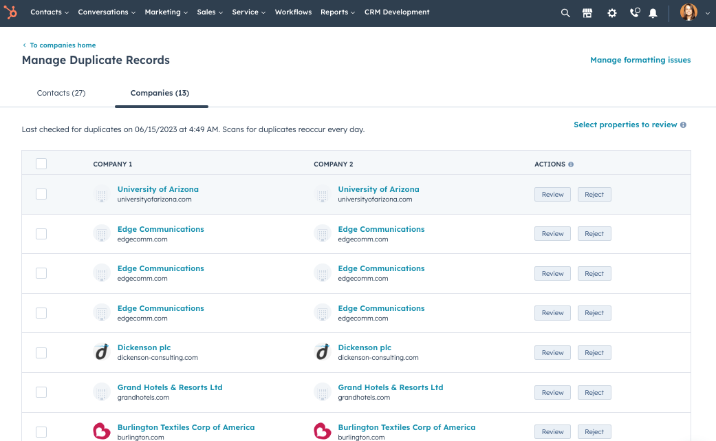 HubSpot's duplicate records report