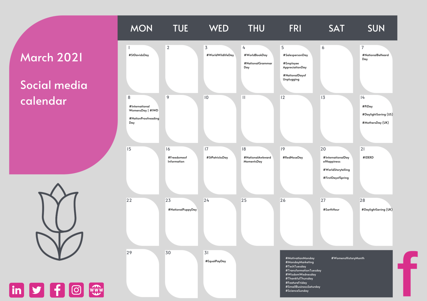 March 2021 social calendar